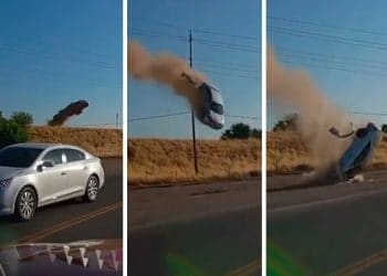 Câmera flagra carro “voando” sobre rodovia em terrível acidente