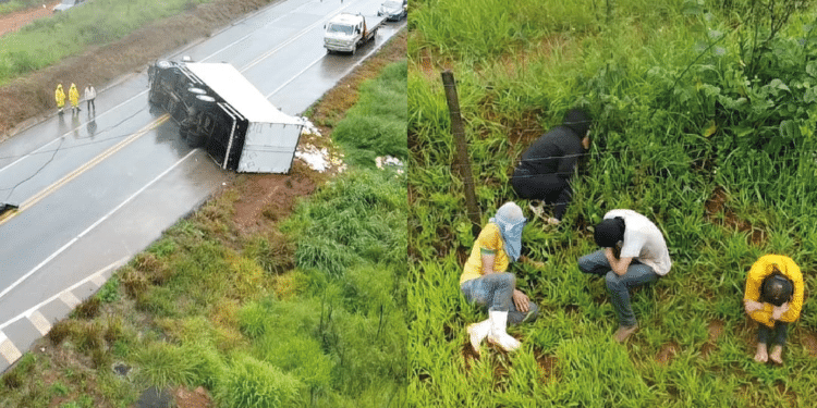 Caminhão com caixas de suco tomba na BR-262 e drone da PRF flagra pessoas saqueando a carga
